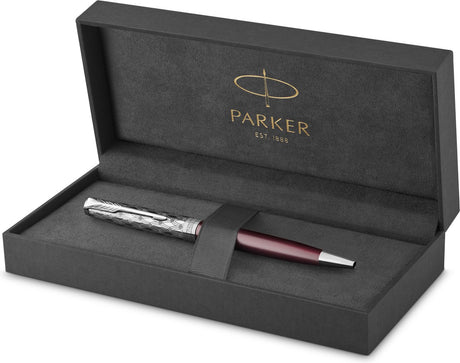 Parker Sonett Kugelschreiber | Metall und rote Farbe | mittlere Spitze mit schwarzer Tinte | Geschenkbox