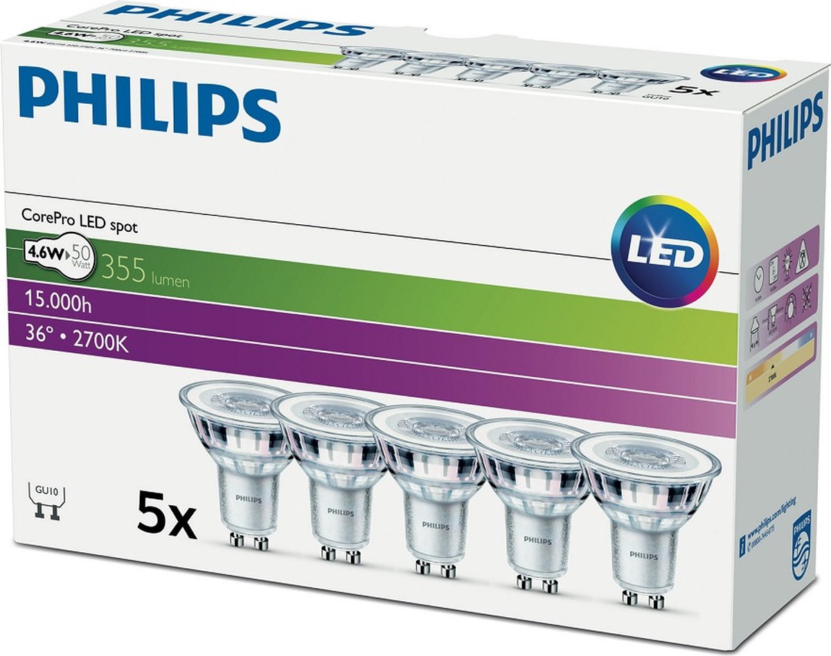 Philips led spot gu10 - 4.6w (50w) - warm wit licht - niet dimbaar - 5 stuks