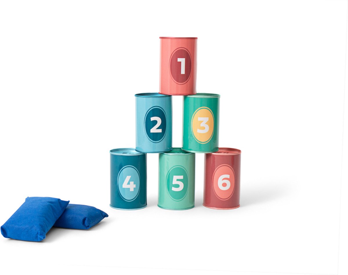 Bs Toys Dosenwurf-Wurfspiel – Tiere und Zahlen – Sitzsackwerfen – Kinderspielzeug ab 3 Jahren – Spielzeug für draußen – 6 farbige Dosen – Geschenk für Kind