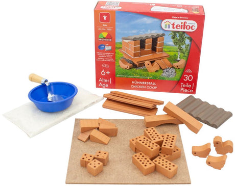Teifoc® Baukasten – Hühnerstall-Bauset – 30 Teile – echte Mini-Steine mit Zement, Schüssel und Kelle – Bausatz für Kinder ab 6 Jahren