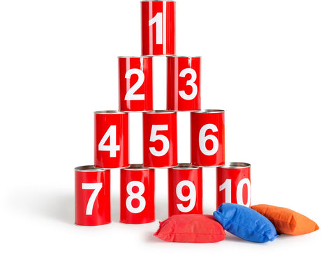 Bs Toys Can Toss Wurfspiel – Sitzsack-Wurfspielzeug – Kinderspielzeug ab 3 Jahren – Outdoor-Spielzeug – 10 Dosen – Rot – Spiele für Kinder – Outdoor-Spielzeug – Outdoor-Spiel – Outdoor-Spiele – Gartenspielzeug – Geschenk für Kind