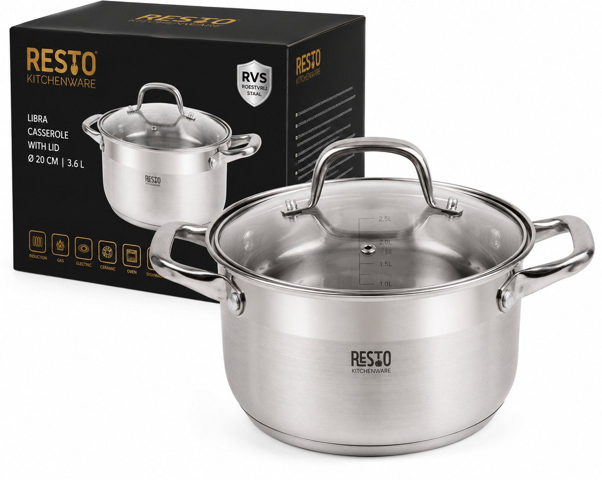 Resto Induktionskochtopf 3,6 Liter ø20 cm Edelstahl mit Glasdeckel – Suppentopf Bratpfanne – Küchengeschirr 92003 – alle Wärmequellen – Silber