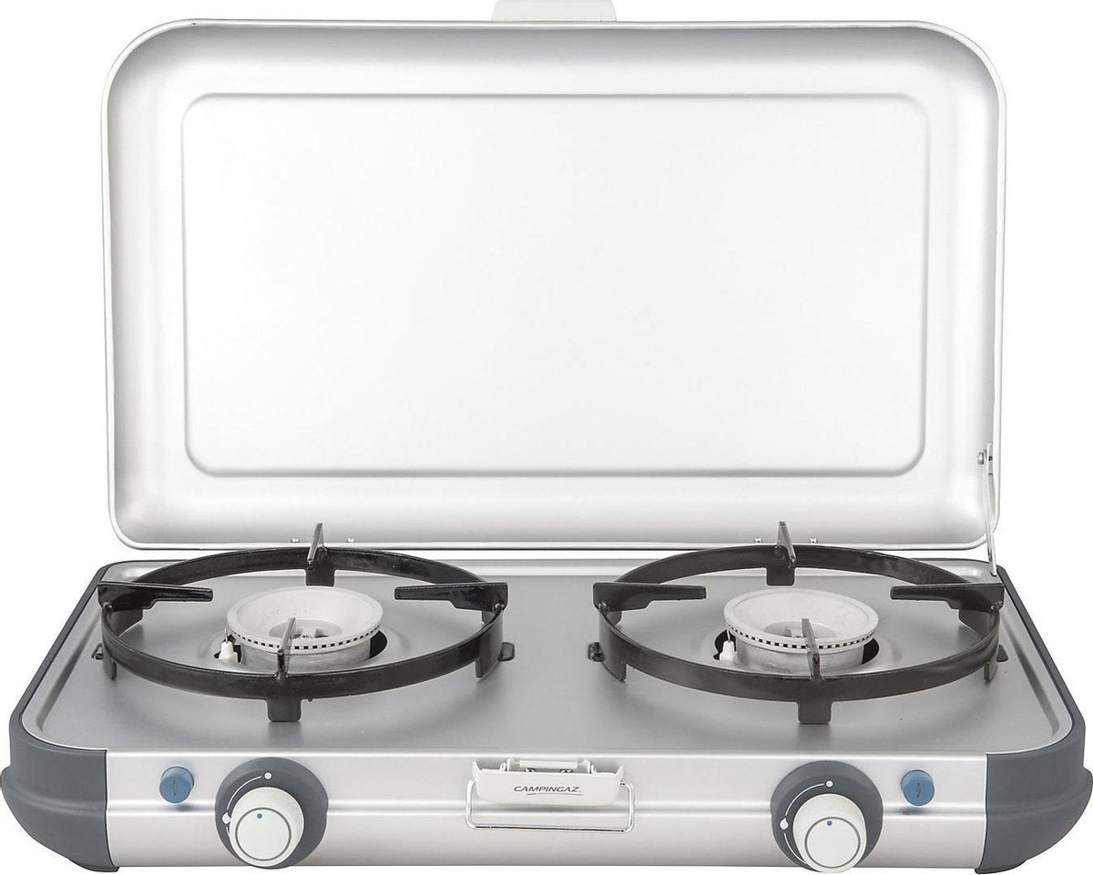 Campingaz Campingküche 2 CV PZ Campingkocher – 2 Brenner Camping-Gaskocher – 2 x 2000 Watt – Piezo-Zündung – funktioniert mit CV470+ Gaskartusche – leichter Campingkocher 2 Brenner – für 2 Pfannen von 24 cm – silbergrau