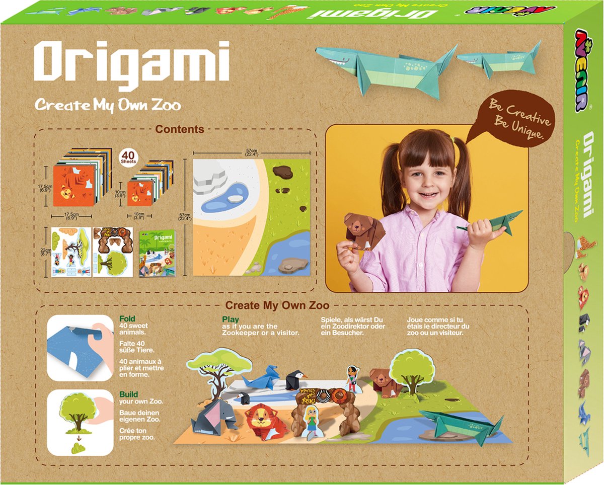 Avenir Origami: meine eigenen Wildtiere, 40 Faltblätter, 8 Modelle, in Box, 5+