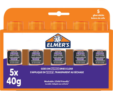 Elmer's Klebestifte mit verschwindendem lila Kleber | trocknet farblos | ideal zum Basteln und für die Schule | waschbar und kinderfreundlich | 40g | 5 Stück