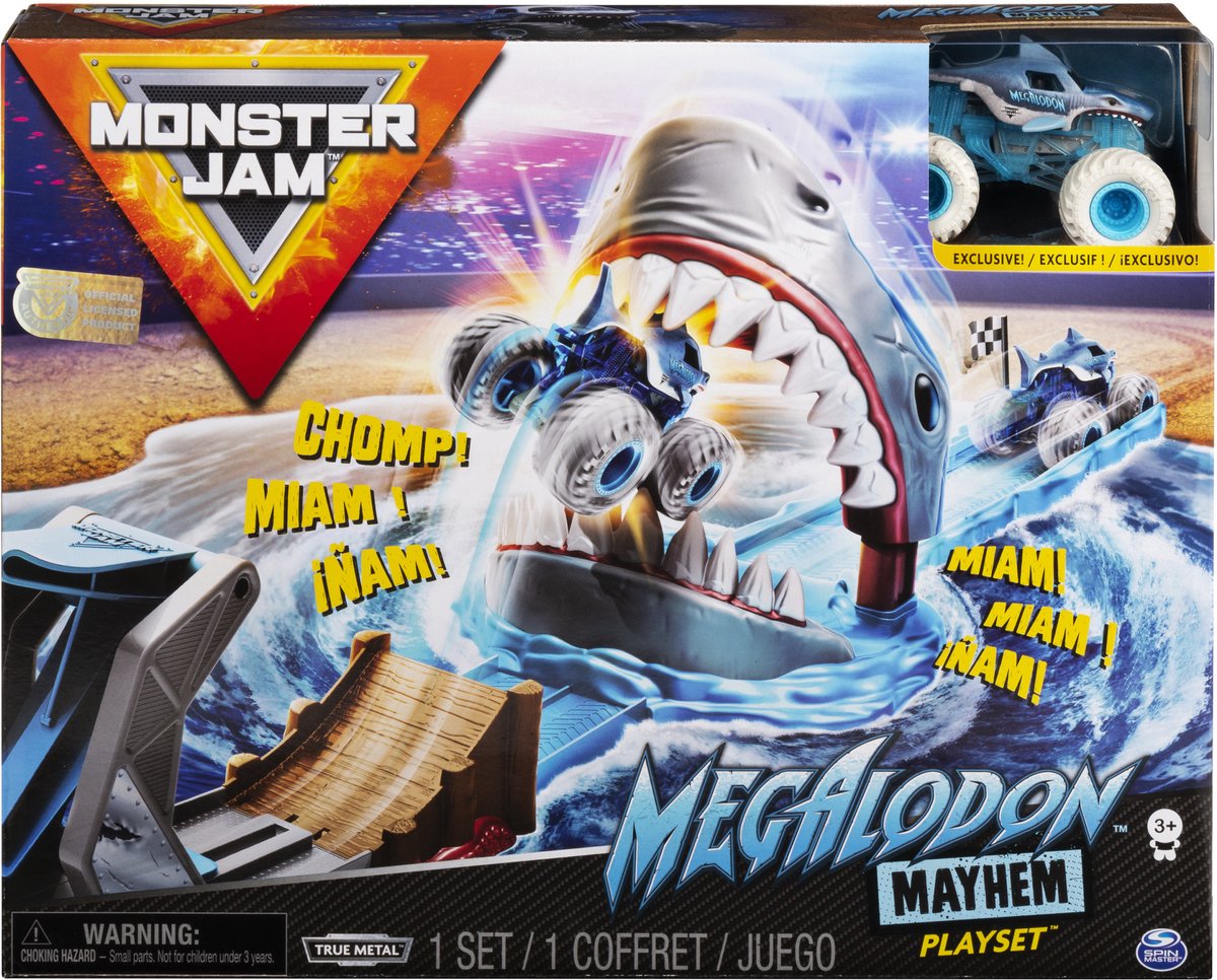 Monster Jam – Megalodon Mayhem Spielset mit einzigartigem Megalodon-Truck aus Metall im Maßstab 1:64