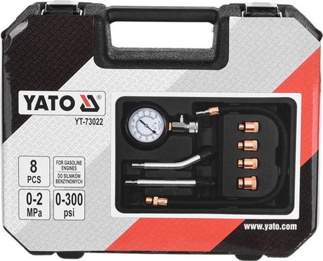 Yato Kompressionstester-Set für Benzinmotoren – 8-teilig – Manometer 0–300 psi 0–2 MPa – mit M10, M12, M14 M18 Messing-Adaptern, Druckleitungen flexibler Schlauch 50 cm – Motordiagnosetester im Koffer