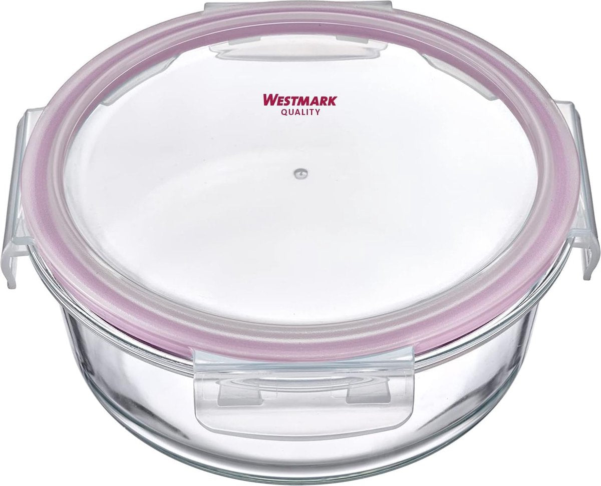 Westmark Lebensmittelbehälter aus Glas, rund, Füllvolumen: 650 ml, mikrowellen- und ofenfest, Glas-Silikon-Kunststoff, transparent rot