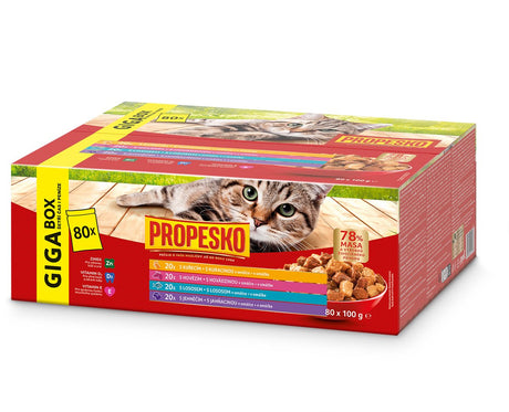 Propesko – Nassfutter für Katzen – Mahlzeitbeutel – 80 x 100 g – Huhn, Rind, Lachs, Lamm