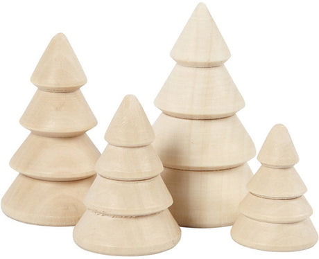 Creativ Company Weihnachtsbäume aus Holz, H: 3,3+4,3+5,3+6,3 cm, T 2,3+3+3,2+4 cm, 4 Stück 1 Karton