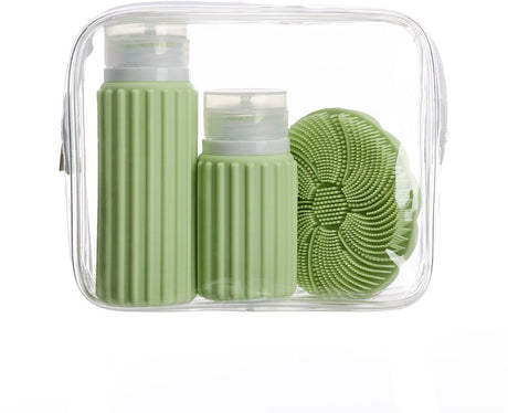 Muitomas Reisetasche + Gesichtsbürste + 2 Flaschen – kompakt – wasserdichte transparente Tasche – Silikon-Reiseflaschen – grün
