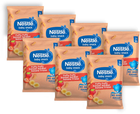 Nestlé Babysnack Puffy Puffs Banane Erdbeere – Babynahrungssnacks ab 7 Monaten – 7 Beutel x 28 g