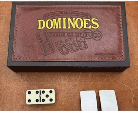 Hot games domino dubbel 6 dik 12 mm. in kartonnen doos met pu bedrukte bovenzijde