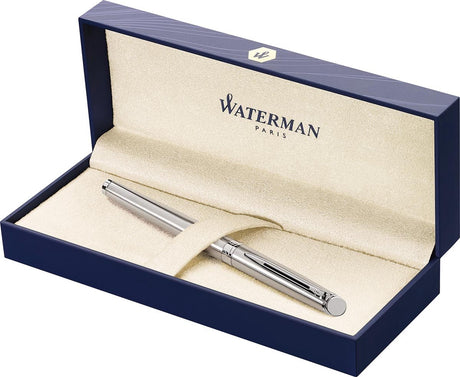 Waterman Hemisphère-Füllfederhalter | Edelstahl mit Chromkante | feine Feder | blaue Tinte | Geschenkverpackung