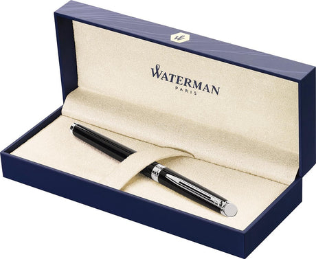 Waterman Hemisphere Tintenroller | glänzendes Schwarz mit Chromrand | feiner Punkt | schwarze Tinte | Geschenkverpackung