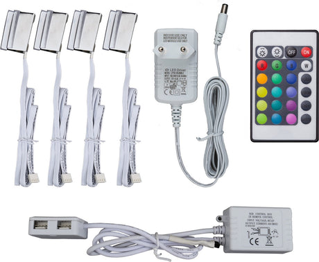 B.K. Leuchte - LED-RGB-Leuchte - Schrankbeleuchtung - Glasplattenklammern - Beleuchtung - 4-teiliges Set - mit Fernbedienung - LED-Streifen