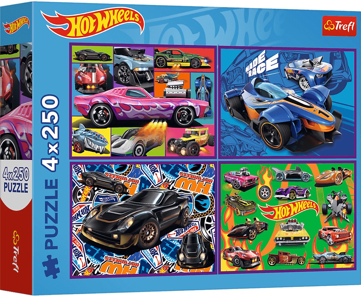 Trefl Hot Wheels – Puzzle-Set 4-in-1 – 250 Teile – 33 x 23 cm – kalandriertes Papier; umweltfreundlich