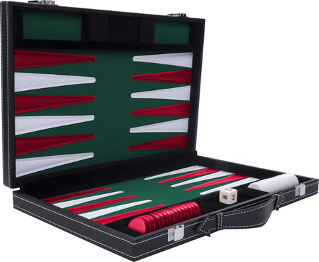 Longfield backgammon 11 inch - groen, rood wit gestikt bord - kunstlederen koffer met handvat - engelhart