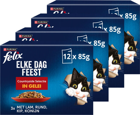 Felix Every Day Party in Jelly Selection – Katzenfutter Nassfutter – Lamm Huhn Rind Kaninchen – 48 x 85 g