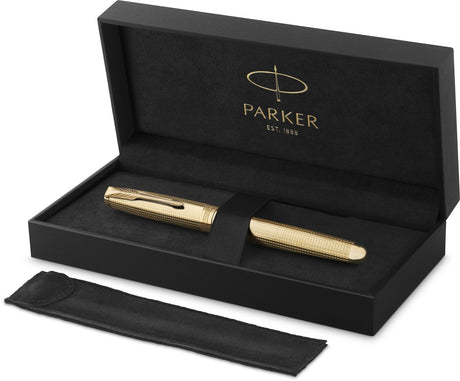 Parker Sonnet Ciselé Special Edition Füllfederhalter, Kappe, Schaft und Details mit Goldfinish, feine Feder aus 18-karätigem Massivgold, schwarze Tinte und Konverter