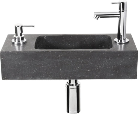 Differnz sapon fonteinset - 42x18.5x9cm - rechthoek - 1 kraangat - met sifon fontein en afvoerplug - natuursteen zwart