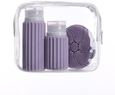 Muitomas Reisetasche + Gesichtsbürste + 2 Flaschen – kompakt – wasserdichte transparente Tasche – Silikon-Reiseflaschen – violett