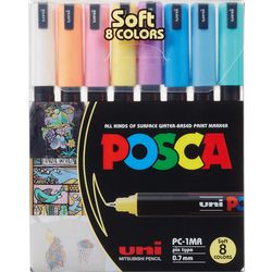 Uni-Posca-Posca-Marker, Größe PC-1MR, Strichstärke 0,7 mm, extrafein, verschiedene Farben, 8 Teile, 1 Box