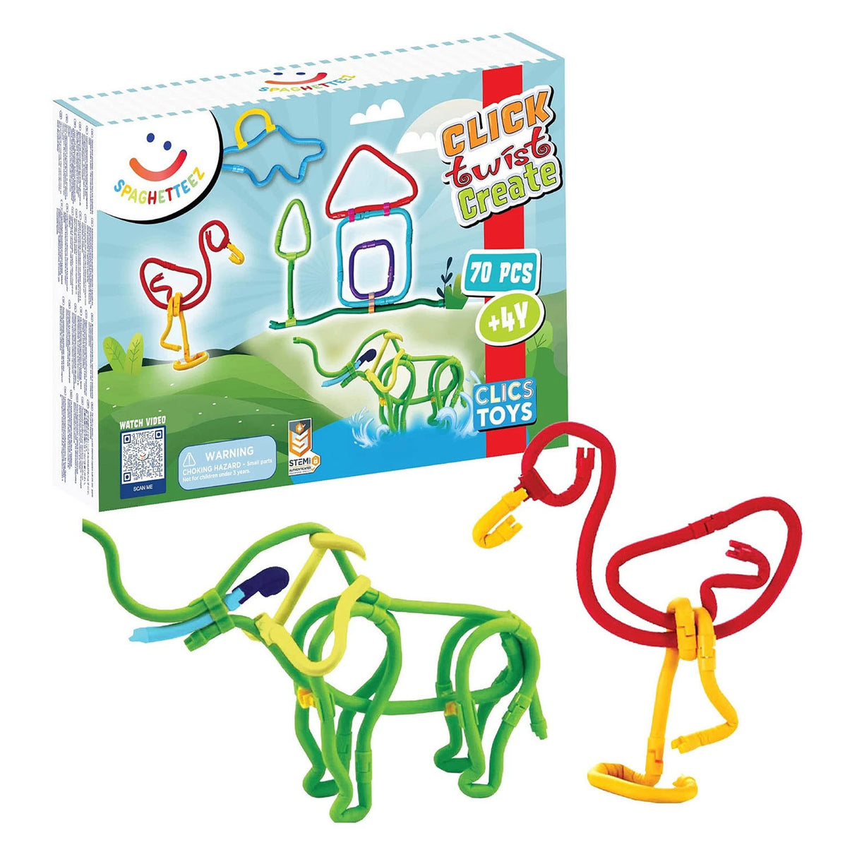 Spaghetteez 70-teiliges Set – flexible Baustäbe – Spielzeug 4,5,6,7,8 Jahre Jungen und Mädchen – Basteln Mädchen Jungen – Konstruktionsspielzeug – Montessori-Spielzeug – Lernspielzeug