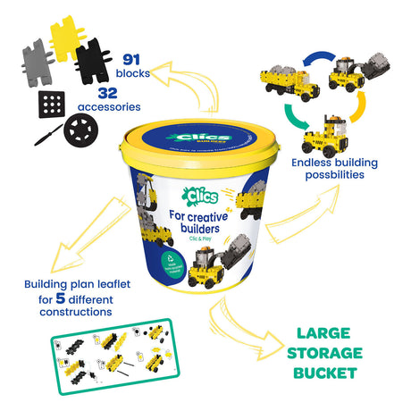 Clics Builders 5-in-1-Bausteine – nachhaltiges Spielzeug aus recyceltem Kunststoff – Baukasten 5 in 1 – Spielzeug 4,5,6,7,8 Jahre Jungen und Mädchen – Lernspielzeug – Montessori-Spielzeug – Konstruktionsspielzeug