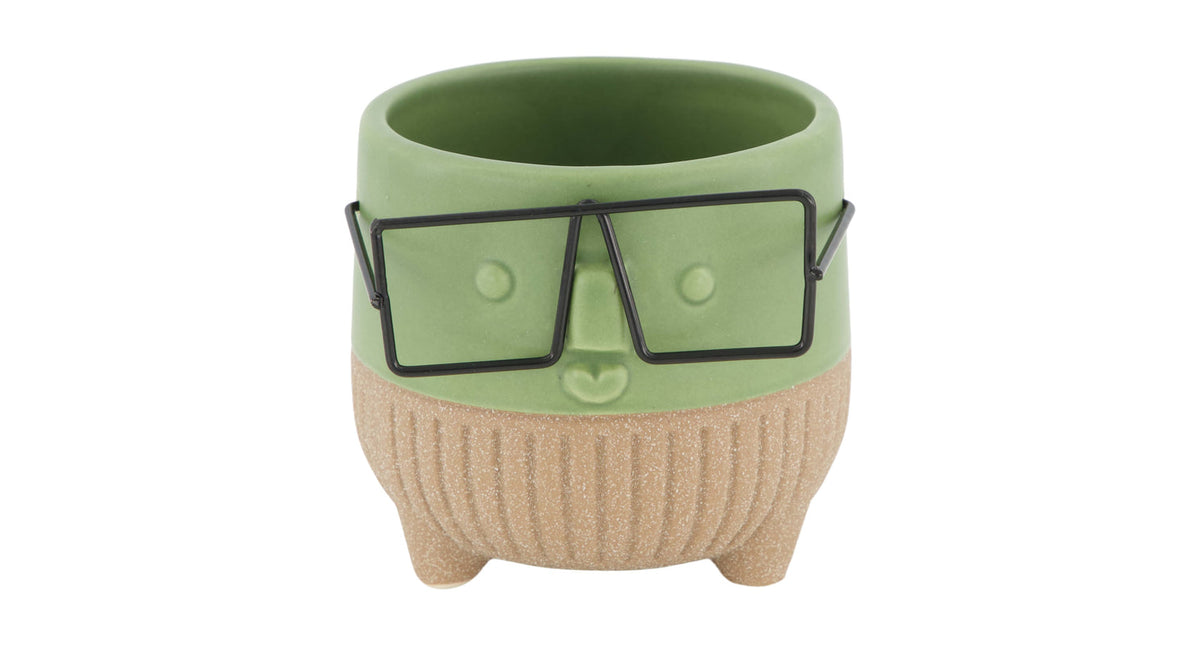 Planter face with glasses ceramic 8x8x7.3cm green