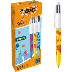 Bic 4-Farben-Velours-Druckkugelschreiber – verschiedene Dschungeldekore – Schachtel mit 12 Stück – mittlere Spitze 1 mm