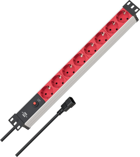 Brennenstuhl alu-line 19 contactdoosstrook voor schakelkasten met 10a stroomonderbreker en iec c14 8-voudig zilver rood 2m h05vv-f 3g1,0