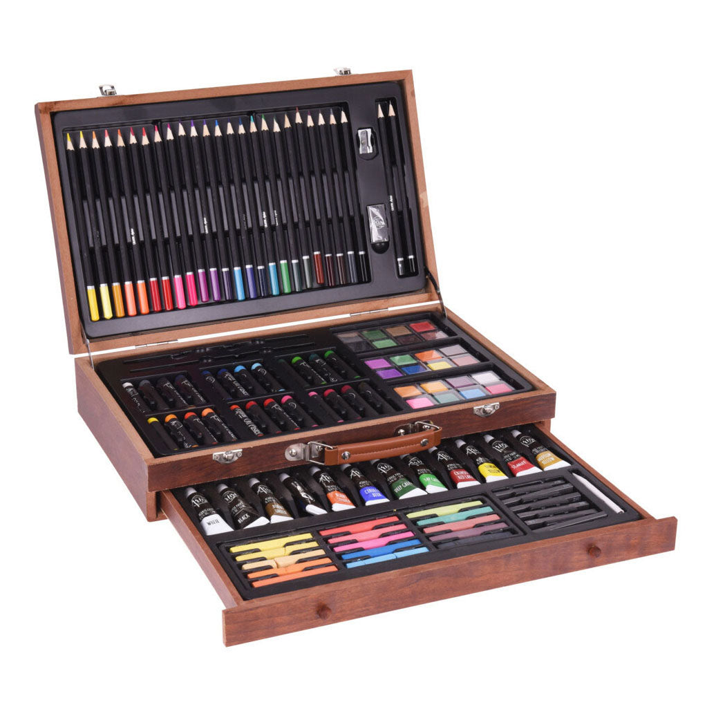 Peinture et panneaux set dans une valise en bois, 112dlg.