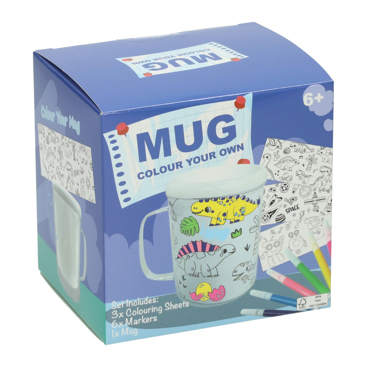 Kleur je eigen beker dino's robots ruimtevaartplaatjes - incl 6 stiften