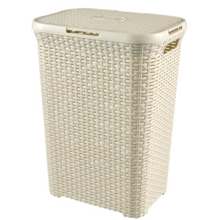 Wäschebox im Curver-Stil mit Deckel im Rattan-Stil, 60 Liter, elfenbeinfarben, 45 x 34 x 62 cm