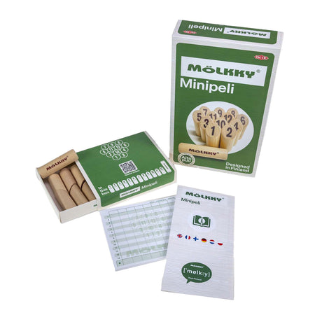 Tactic Mölkky Mini – Fang- und Wurfspiel – Original finnisches Holzwurfspiel in Minigröße – nachhaltiges Birkenholz – mit kostenloser Punkte-App