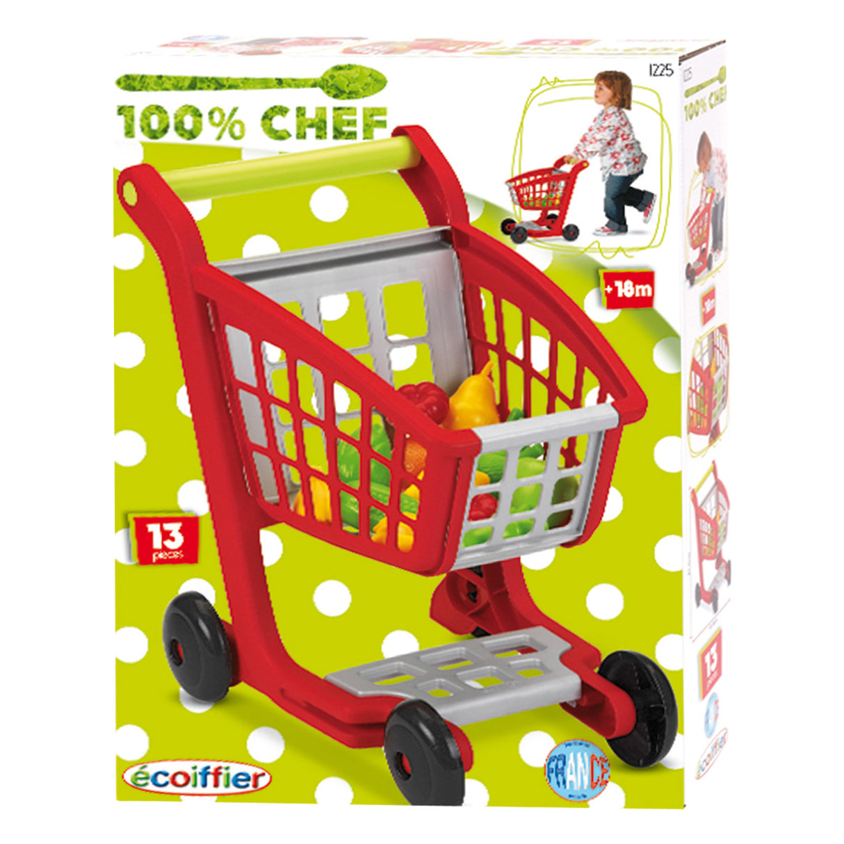 Ecoiffier 100% Chief Shopping Cart con comestibles