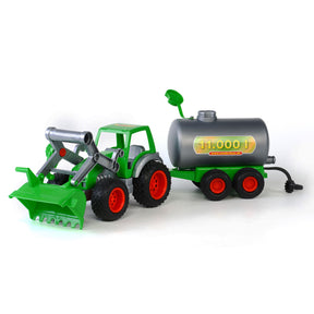Wattraktor mit Frontlader und Tankwagen – grüner Kunststoff – 3–6 Jahre