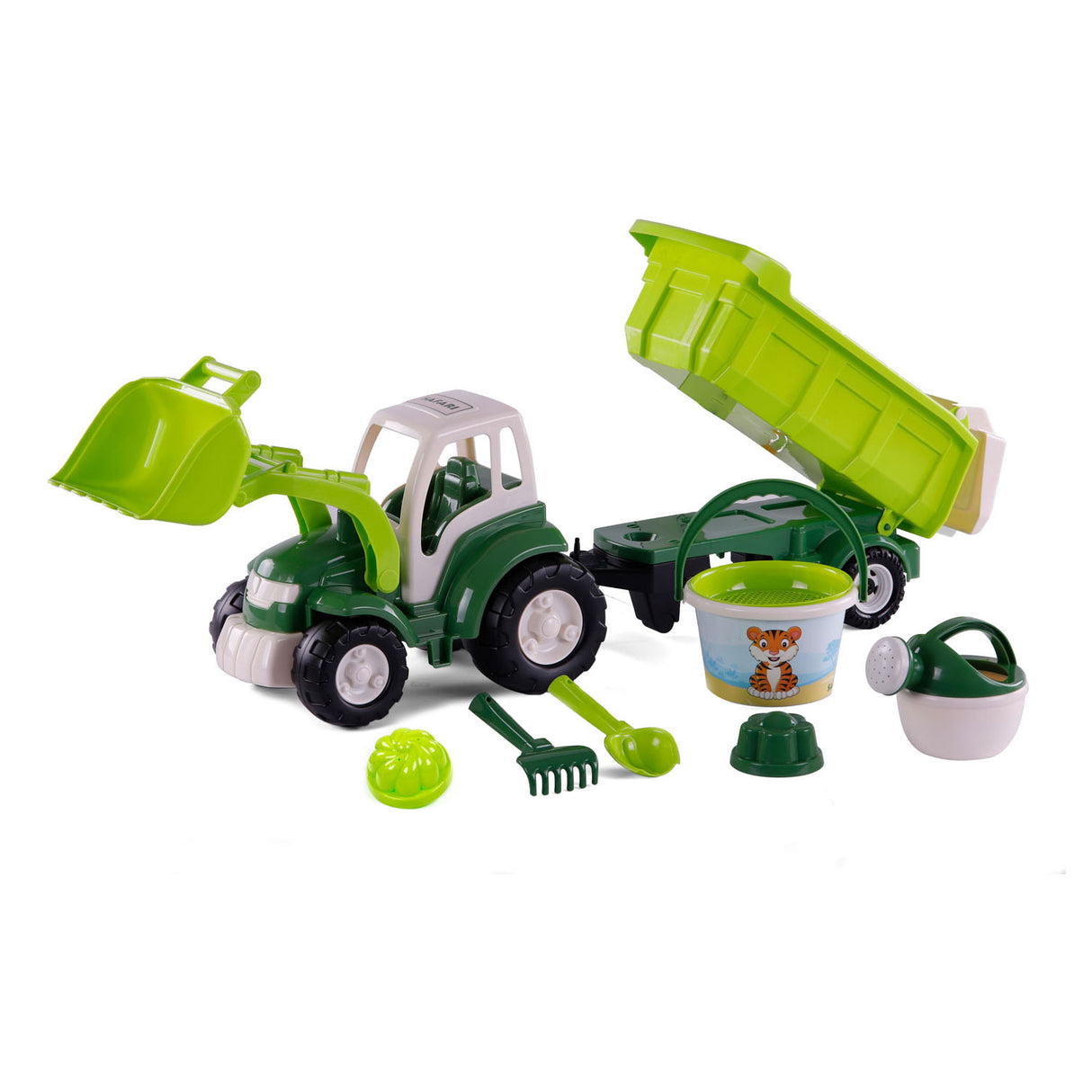 Cavallino toys cavallino xl tractor groen met kiep- aanhangwagen en emmerset, 9dlg.