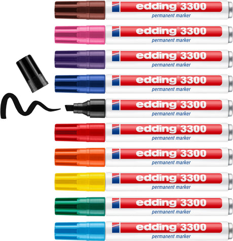 Edding 3300 Permanentmarker – 10 Farben – 10 Marker – Keilspitze 1–5 mm – wasser- und abriebfest – für Pappe, Kunststoff, Holz, Metall usw. – Alkoholmarker für Erwachsene