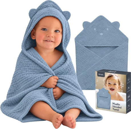 Lionelo Musselin-Babyhandtuch mit Kapuze – weiches Babyhandtuch mit Kapuze aus 100 % Baumwoll-Musselin – weicher Badeumhang mit Kapuze – atmungsaktiv, hypoallergen, reizfrei – hervorragende Saugfähigkeit – für Neugeborene, ältere Kinder – 75 x 75 cm