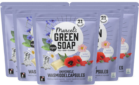 Marcel's green soap wascapsules - wasmiddel pods - wilde bloemen - 5 x 21 stuks - 105 wasbeurten
