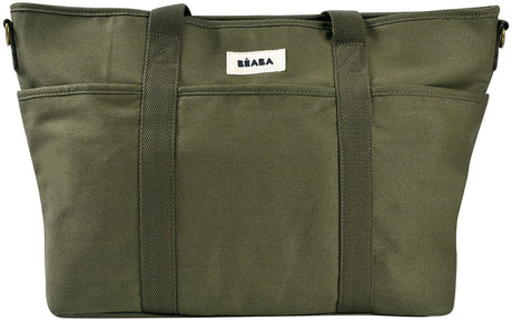 Béaba Madrid Wickeltasche 22 l – Stilltasche im Tragetaschenmodell mit 11 Fächern – inklusive gepolsterter Wickelunterlage und isothermischem Fach – PFAS-freier und wasserabweisender Stoff – Kinderwagenbefestigung – Flechten-Seegras-Khaki