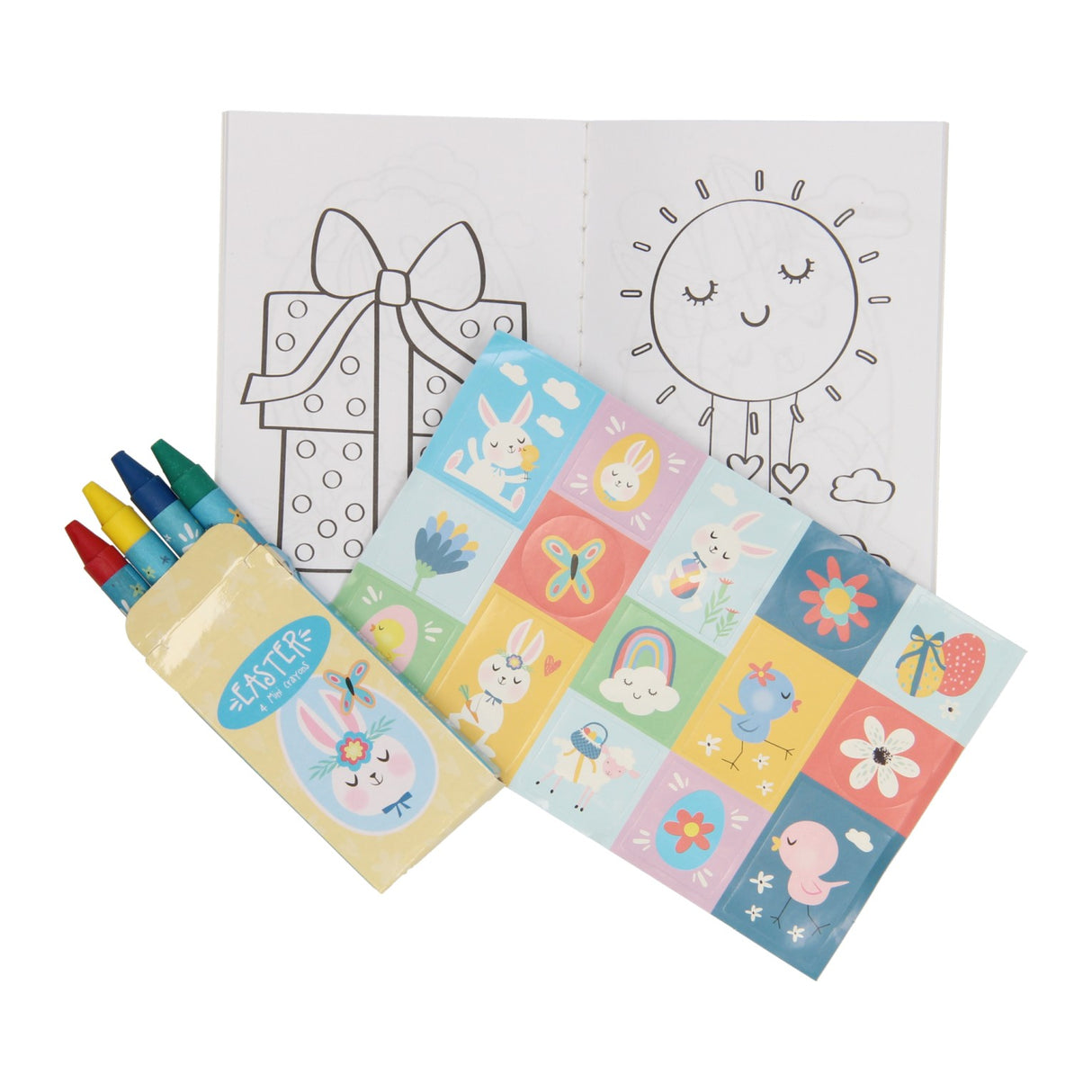 Leckerli-Set: Malbuch, Wachsmalstift-Stickerbogen – Ostern