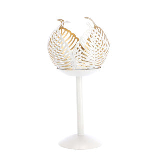 No brand Teelichthalter auf Fuß Blatt Lina Creme Gold Metall 10x10x21cm | 2 Stk