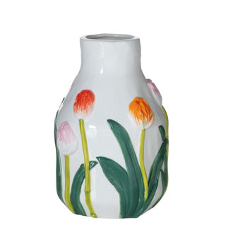 Vaas keramiek tulpen wit multi h19,5 d13 cm | 2 stuks