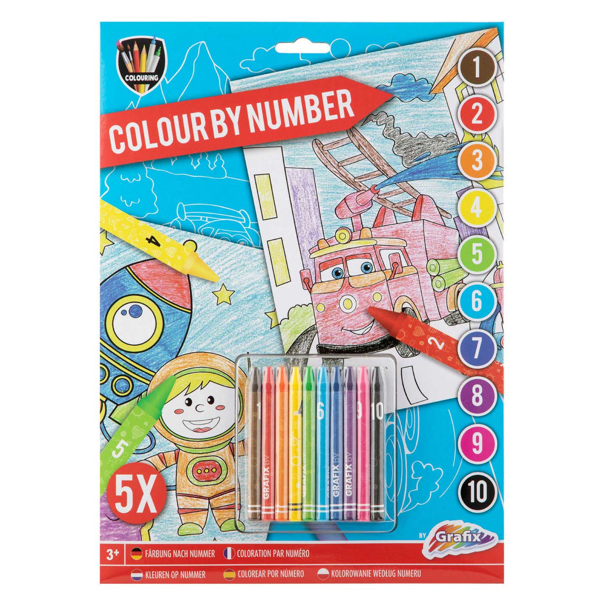 Grafix colors at number with wax crayons blue