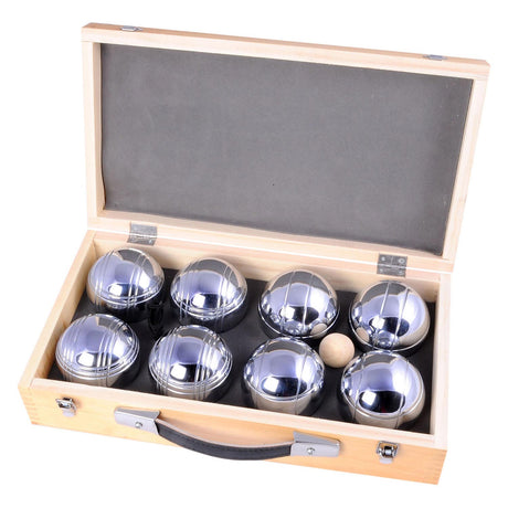 Engelhart Metall-Jeu de Boules – 8 Kugeln in Holzkiste – Luxus-Set – Pétanque – Boule – Metallkugeln – passend für jeden Jeu de Boules-Platz – Langfeld