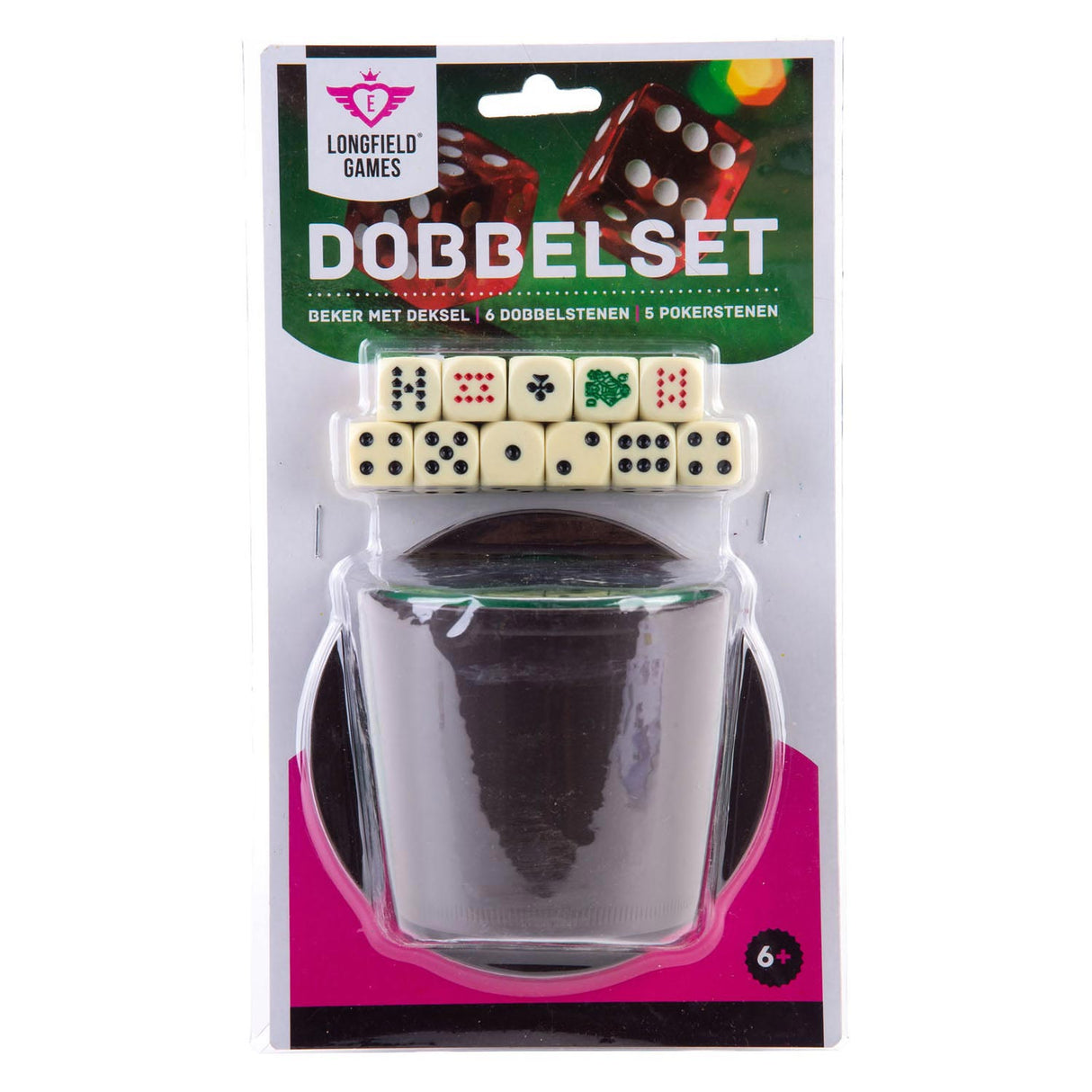 Longfield Pokerbecher mit Deckel – inklusive 2 Würfelsets (16 mm) – Würfelset – klassisches Würfelspiel, Familienspiel – Engelsherz