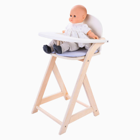 Longfield Puppenstuhl grau weiß - Puppenhochstuhl aus Holz mit Kissen - Puppenstuhl für Rollenspiele - für alle Puppen geeignet - Engelsherz